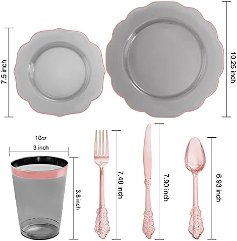 BUCLA 30Guests Clear Black Plastic Plates With Rose Gold Silverware & Cups - Rose Gold Rim Plastic Dinnerware Ideal for Party & Wedding - Image 3