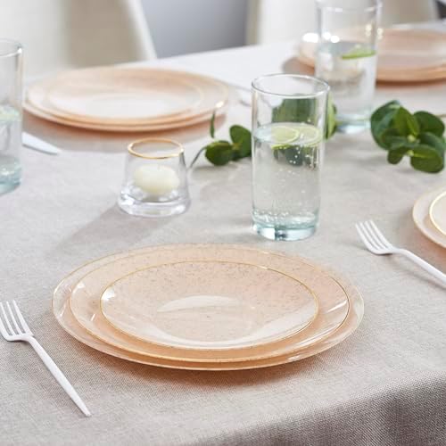 PLASTICPRO 128 Pack Elegant Disposable Plastic Plates Combo Set Bulk Pack Includes 64 Dinner Plates and 64 Salad Plates Heavy Duty Fancy Party Plates Pink Granite Plates with Gold rim - Image 3