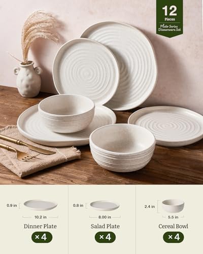 Famiware Pluto 12-Piece Stoneware Dinnerware Set, Matte Beige White - Image 2