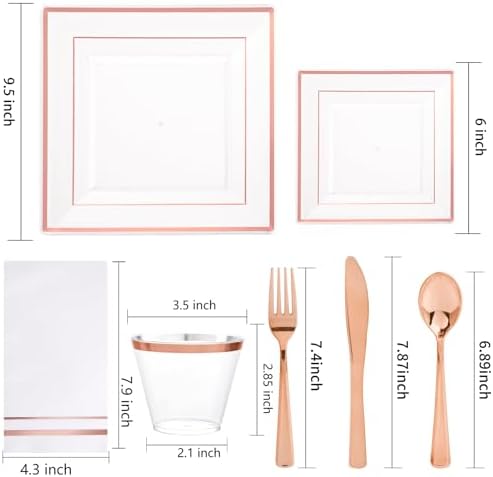 Festiva 350Pcs Rose Gold Plastic Plates - Clear Rose Gold Disposable Dinnerware Sets for 50Guests include 100 Plates 50 Cups 50Plastic Cutlery 50Napkins for Fall Party&Wedding& Bridal Shower - Image 2