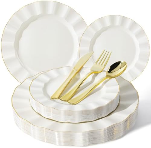 125PCS Ivory Plastic Plates Set, Wavy Plates for Wedding by QualQuot