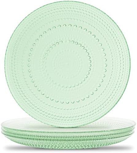 Green Hobnail Dinner Plates Set of 4 Pressed Glass 10.5 Inch by Yungala