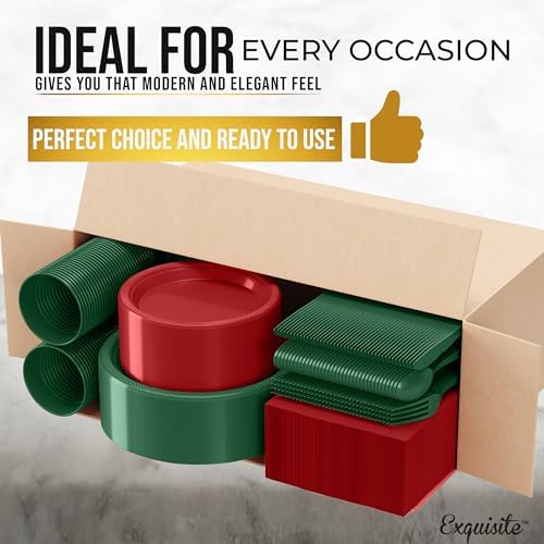 350 Pcs Christmas Plastic Plates for Party Red & Green Disposable Plates Set 50 of Each 9 Dinner Plate Set 7 Dessert Plate Cups Napkins & Cutlery Plastic Dinnerware Exquisite - Image 3