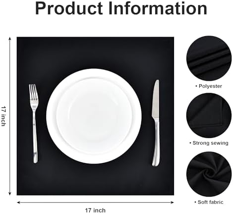 Wolkemer Set of 4 Black Cloth Napkins 17 x 17 Inches Solid Washable Polyester Dinner Napkins with Hemmed Edges for Dinners Parties Weddings Banquets Events Table Decoration - Image 5