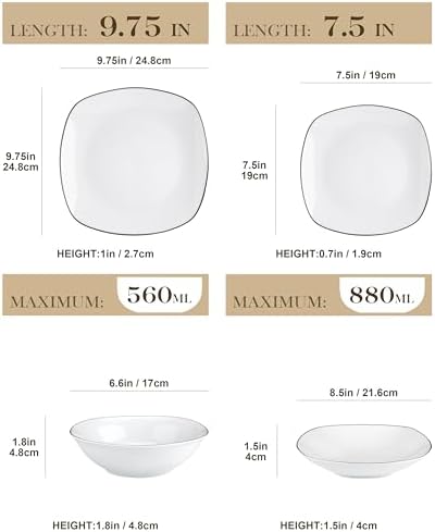 MALACASA Dinnerware Sets, 24 Piece Porcelain Square Dishes, White with Black Rim Plates and Bowls Sets, Ceramic Dish Set for 6, Chip Resistant Dishware Sets, Series ELISA - Image 2