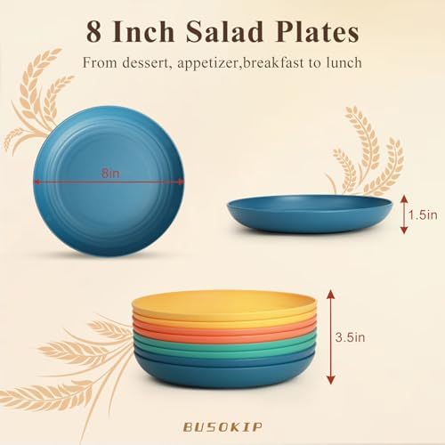 Wheat Straw Plate 8 Inch, Unbreakable Dinner Plates Set of 8, Microwave & Dishwasher Safe Kids Plates for Cake, Dessert, Side Salad, Plastic Plates Reusable for Camping, Kitchen, RV - Multi - Image 2