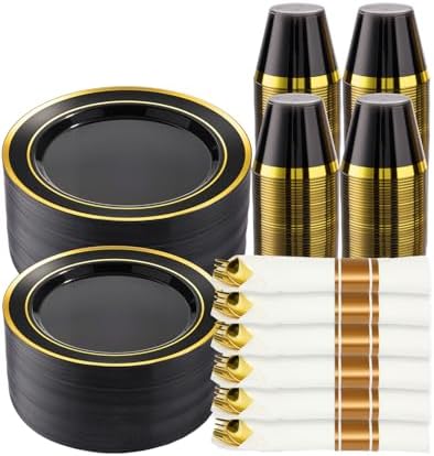 realluck 700 PCS Black Plastic Dinnerware Set for 100 Guests, 200 Disposable Plates for Party, 100 Pre Rolled Napkins with Gold Silverware, 100 Cups for Graduation by Realluck