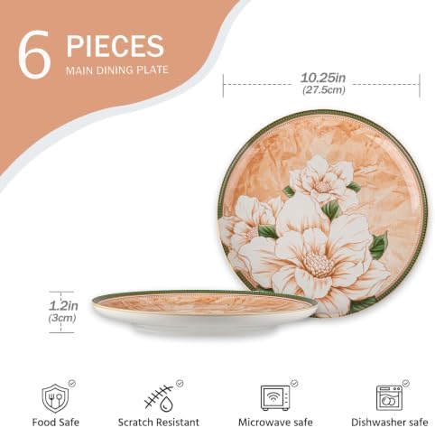 Elegant Camellia Ceramic Dinner Plates, Set of 6, 10.25-Inch Large Serving Plates for Kitchen, Microwave, Oven & Dishwasher Safe - Image 3