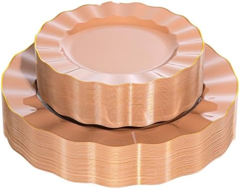 72PCS Mocha Mousse Plastic Plates, Wavy Plates with Gold Rim by QualQuot