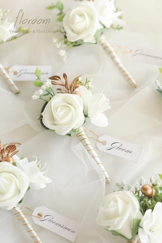 Floroom Set of 6 Ivory Foam Rose Boutonnieres with Pins for Men Wedding for Groom Groomsmen Wedding Ceremonies Anniversaries Formal Dinners Parties Proms White - Image 3
