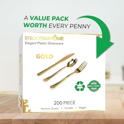 Gold Plastic Silverware Set (200-Pack) – Disposable Heavy Duty Cutlery, 67 Forks, 67 Knives, 67 Spoons for Parties, Weddings, Dinners & Holidays, Stock Your Home - Image 5