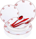 125PCS Red Bow Plastic Plates - White and Red Rim Disposable Plates - 50 Elegant Plates with Bowknot Patterns, 25 Forks, 25 Spoons, 25 Knives for Birthday Wedding Party by Joyido