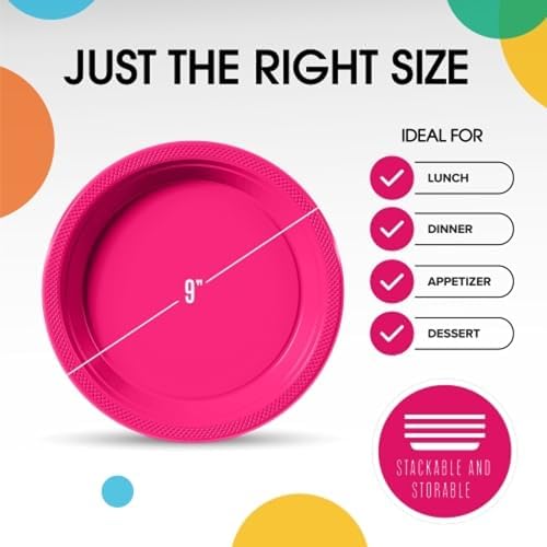 Party Solids Sturdy Hot Pink Plastic Plates 9" Party Plates 50 Pcs - Image 3