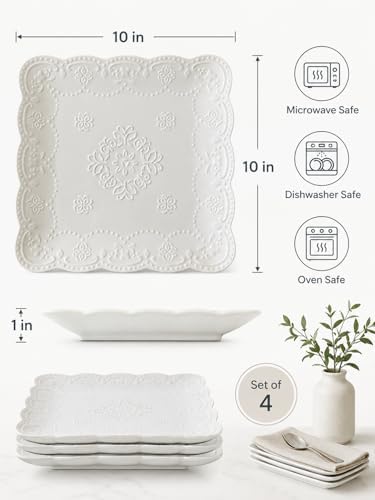 10 Inch Ceramic Dinner Plates Set of 4, White Embossed Dinner Plates with Floral Butterfly Pattern, Scalloped Beaded Rim Plates for Steak, Pasta, Main Course, Holiday Entertaining and Everyday Dining - Image 3