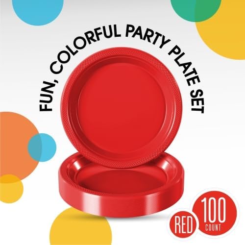 Red Plastic Plates For Party 9" Red Disposable Plates Heavy Duty 100 Pcs Plastic Dinnerware Sets Heavy Duty 350 GSM Disposable Dinnerware Set