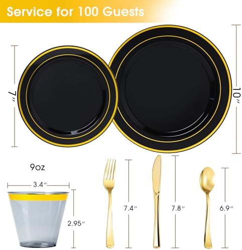 N9R 600PCS Black Gold Plastic Plates, Disposable Dinnerware Set for Party - Image 2