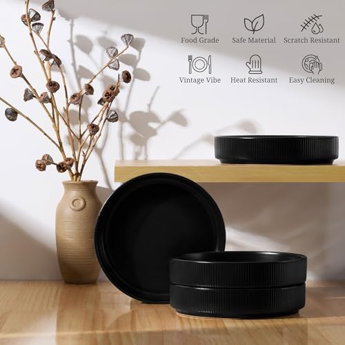 E-far Pasta Bowls Set of 4, 35oz Large Salad Bowl Plate for Dinner Serving Soup, Wide & Shallow Ceramic Stoneware Pasta Plates, Microwave & Dishwasher Safe, Reactive Glaze Texture-Stripe, Matte Black - Image 6