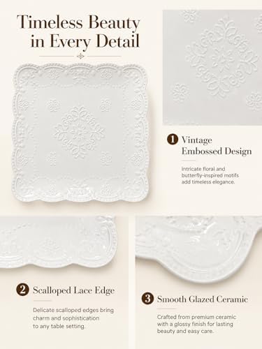 8 Inch Embossed Ceramic Salad Plates Set of 4, White Appetizer Plates with Scalloped Lace Edge, Vintage Square Plates for Salad, Snacks, Brunch, Dessert, Firut, Microwave Oven Dishwasher Safe - Image 4