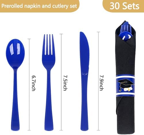 30 Pack Pre Rolled Blue Plastic Silverware Set with Napkin - Image 2