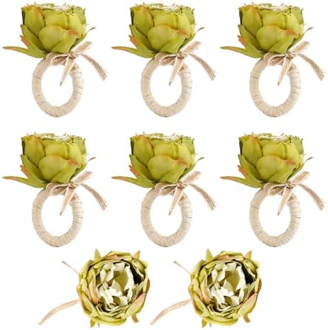 Handcraft Green Flower Napkin Rings Set of 8, Peony Napkin Holder Floral Rings With Jute Bow Buckles for Summer, Wedding, Banquet, Birthday, Christmas, Valentine's, Thanksgiving Table Decoration by FEKIDO