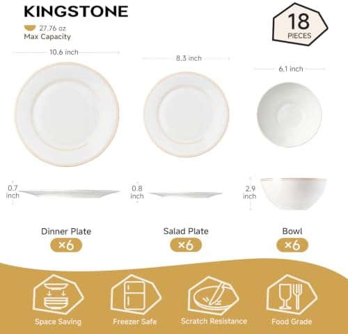 KINGSTONE 18Pcs Gold Trim White Bone China Set, Service for 6 - Image 2
