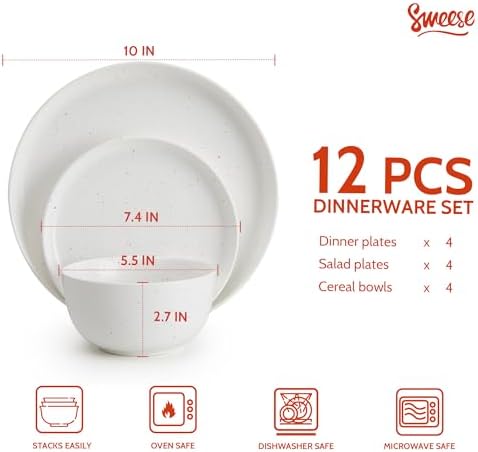 Sweese Dinnerware Sets Service for 4, 12 pcs Matte Speckled Glaze Plates and Bowls Sets, Handmade Ceramic Dish Set, Highly Chip and Crack Resistant Modern Plate Set, White - Image 2