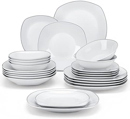 MALACASA Dinnerware Sets, 24 Piece Porcelain Square Dishes, White with Silver Rim Plates and Bowls Sets, Ceramic Dish Set for 6, Chip Resistant Dishware Sets, Series ELISA by MALACASA