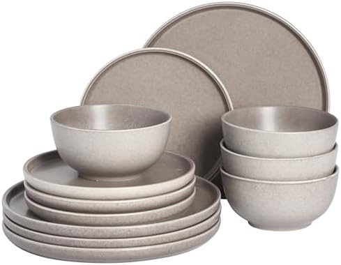 Gibson Elite 12 Piece (Service for 4) Eden Rock Plates and Bowls Reactive Glaze Round Dishes Stoneware Ceramic Dinnerware Set - Grey by GibsonHomewares
