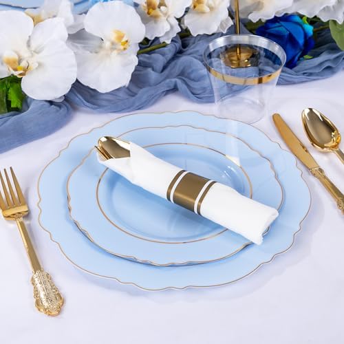 Liacere 175PCS Bule Plastic Plates - Disposable Ligh Bule and Gold Plates - Baroque Plastic Dinnerware 50Plates, 25Pack Pre Rolled Napkins with Silverware 25Cups for Baby Shower Party & Wedding - Image 3