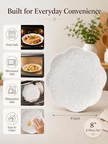 8 Inch Ceramic Salad Plates Set of 4, White Embossed Floral Butterfly Appetizer Plates with Scalloped Edge, Dessert Plates for Salad, Breakfast, Snacks, Microwave Oven Dishwasher Safe - Image 7