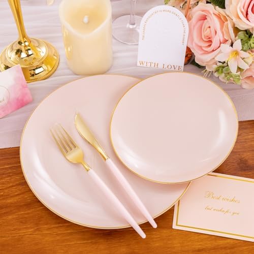 Liacere 150PCS Plastic Plates-Gold Plastic Silverware with Pink Handle - Pink Disposable Plates Include 30 Guests Plates, Forks, Spoons, Knives for Wedding ＆ Party (Pack of 2) - Image 6