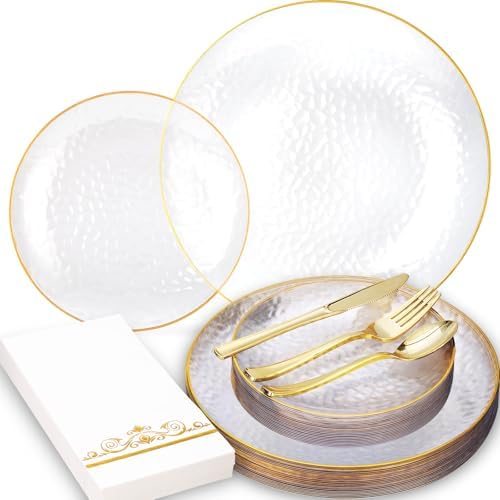 150 Pcs Clear Plastic Dinnerware Set, Disposable Plates for 25 Guests by BONSINY