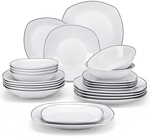 MALACASA Dinnerware Sets, 24 Piece Porcelain Square Dishes, White with Black Rim Plates and Bowls Sets, Ceramic Dish Set for 6, Chip Resistant Dishware Sets, Series ELISA by MALACASA