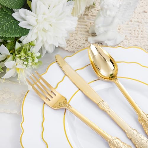 Liacere 175pcs Gold Plastic Plates - White and Gold Disposable, include 50Plates, 25Pack Pre Rolled Napkins with Silverware 25Cups Perfect for Wedding & Party & Holiday & Thanksgiving & Fall Party - Image 4