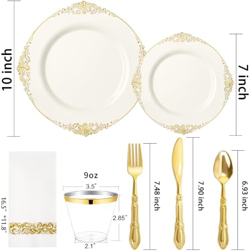 Morejoy 350PCS Lvory Plastic Plates,Lvory Gold Plastic Dinnerware Set - Image 4