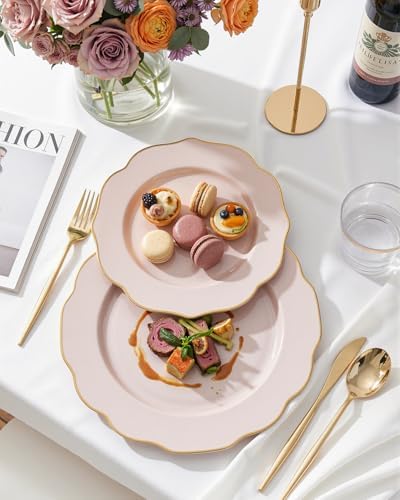 bUCLA 180PCS Pink Plastic Plates - Pink with Gold Rim Disposable for Party Include 30 Each (Dinner & Dessert) Plates, 30 Knives, 30 Forks, 30 Spoons, 30 Cups for Wedding, Birthday & Party - Image 3