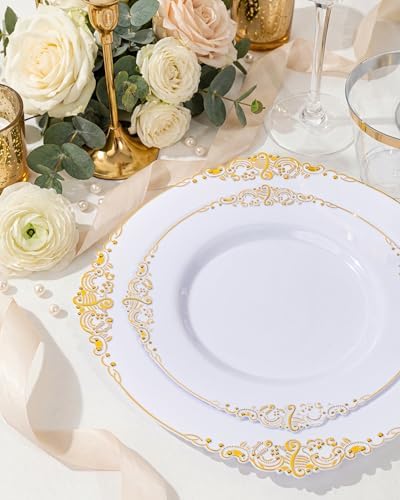 Morejoy 350PCS White and Gold Plastic Plates,Gold Plastic Dinnerware Sets - Image 6