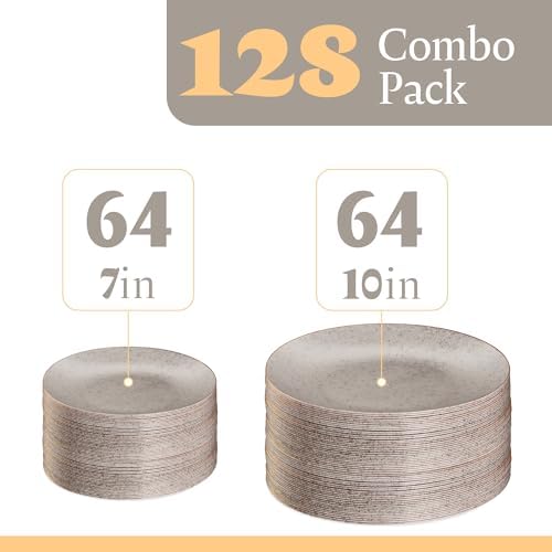PLASTICPRO 128 Pack Elegant Disposable Plastic Plates Combo Set Bulk Pack Includes 64 Dinner Plates and 64 Salad Plates Heavy Duty Fancy Party Plates Grey Granite Plates with Gold rim - Image 4