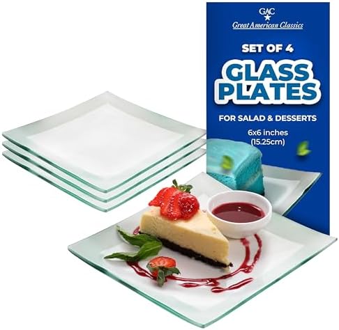 Tempered Glass Dessert Plates – 6 Inch Elegant Square Appetizer Plates, Modern Serving Dishes for Snacks, Salads & Sweets, Durable, Microwave & Dishwasher Safe – Set of 4, Silver by GAC