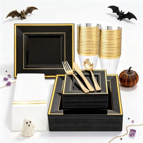 Festiva 350Pcs Black and Gold Plastic Plates-50Guests Disposable Square Black Dinnerware Set include 100 Plastic Plates,50Cups,150Plastic Cutlery,50Napkins for Halloween &Wedding by Festiva