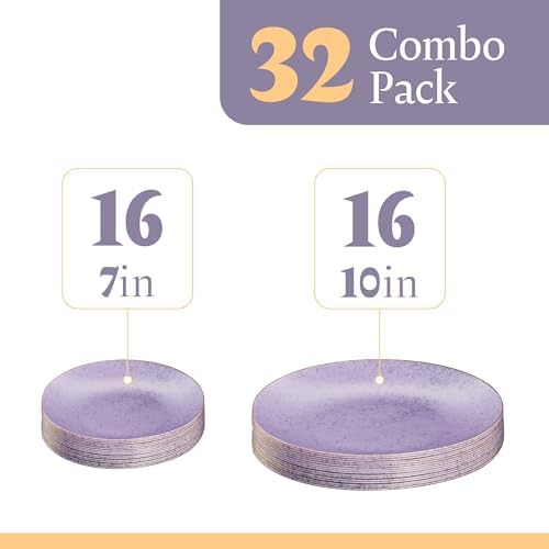 PLASTICPRO 32 Pack Elegant Disposable Plastic Plates Combo Set Includes 16 Dinner Plates and 16 Salad Plates Heavy Duty Fancy Party Plates Purple Granite Plates with Gold rim - Image 5