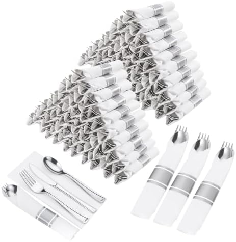Goodluck 200 Pack Pre Rolled Silver Plastic Silverware, Wrapped Cutlery by GoodLuck