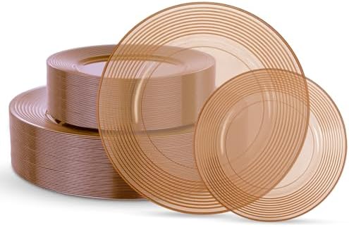 FLOWERCAT 100PCS Clear Brown Plastic Plates - Heavy Duty Plastic Plates Disposable for party &Wedding - Serve for 50Guests party (10inch & 7inch)(Mocha Mousse) by FLOWERCAT