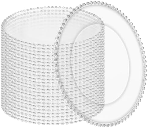 24 Pack Clear Charger Plates 13 Inch Acrylic Round Dinner Chargers with Silver Beaded Rim, Plastic Round Decorative Plates for Kitchen Wedding Party Home and Tabletop Decoration by Tomeurperf