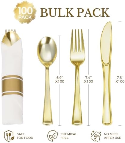 Goodluck 100 Pack Pre Rolled Gold Plastic Silverware, Wrapped Cutlery - Image 3