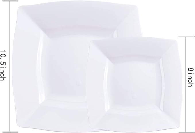 Morejoy 60 Pcs White Square Plastic Plates - White Disposable Dinner Plates 10.5" - Premium Appetizer Plate - Dessert/Salad Plate 9“ for Wedding & Birthday & Party
