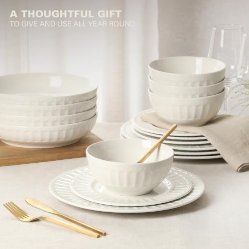 Gibson Home Melbourne White Plates and Bowls Set, 16 Piece Embossed Ceramic Dinnerware Set - Service for 4 Dishes - With Pasta Bowl - Image 4