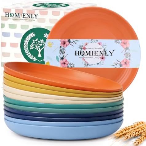 Homienly Wheat Straw Deep Plates 12 PCS Unbreakable Salad Plates Microwave & Dishwasher Safe Plastic Plates Reusable Stackable Bread & Butter Plates Sets for Kitchen, Camping, Party (9inch,Multi) by HOMIENLY