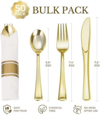 Goodluck 50 Pack Pre Rolled Gold Plastic Silverware with Napkins - Image 3
