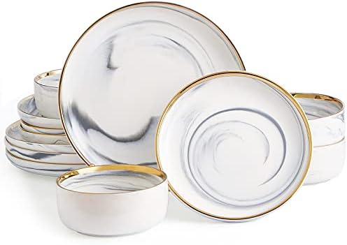 Pokini Marble Gold Rim Dinnerware Sets, Porcelain Plates and Bowls Sets by Pokini